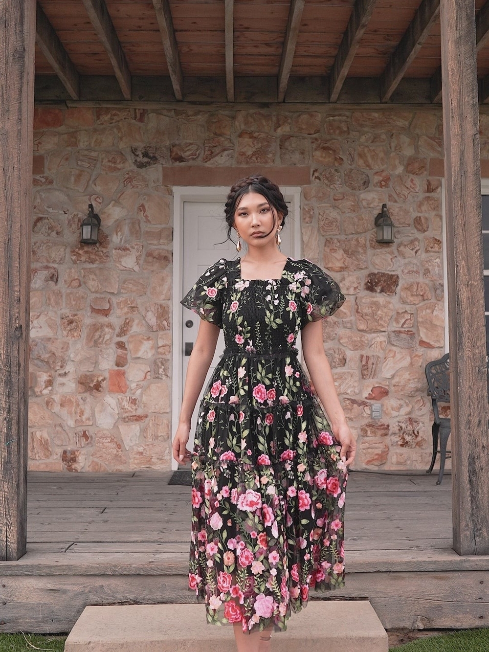 Black Floral Tiered Maxi Dress with Pink Rose Embroidery